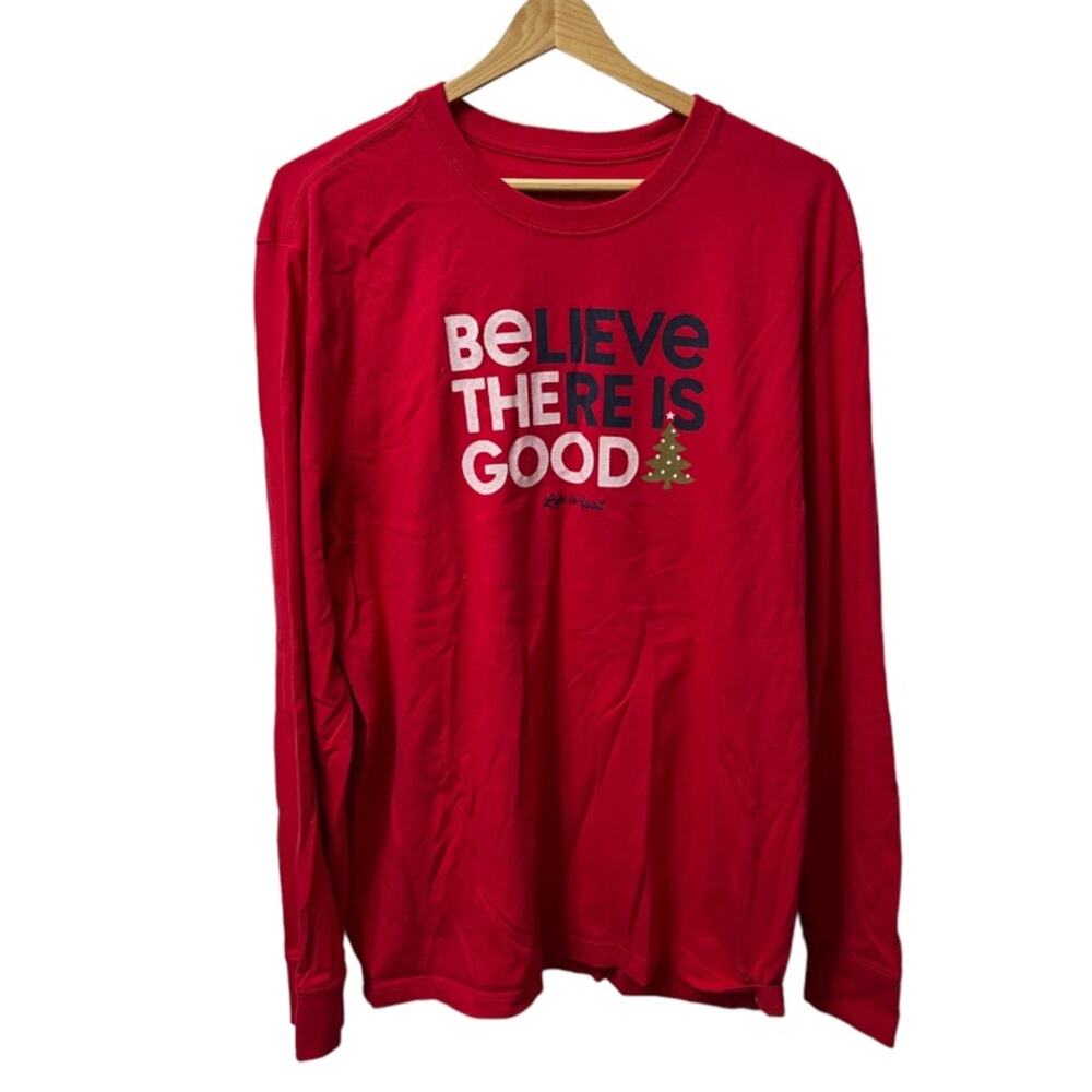 Life is Good Christmas Believe There Is Good LG Red Long Sleeve Crusher T Shirt